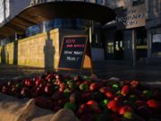 Con manzanas podridas protestan frente a Scotland Yard por violencia de género entre sus agentes